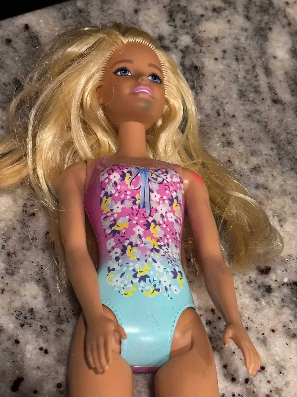 Barbie Blonde Doll in Pink and Aqua Floral Swimsuit